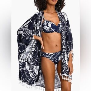 La BLanca Navy  and White Floral Kimono with Fringe one size fits all